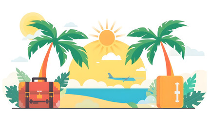Obraz premium A serene tropical beach scene with palm trees, luggage, and a plane flying overhead at sunset.