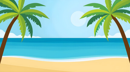 Obraz premium A serene beach scene with two palm trees standing on sandy shoreline overlooking calm ocean water under a partly cloudy sky with 33.svg reference