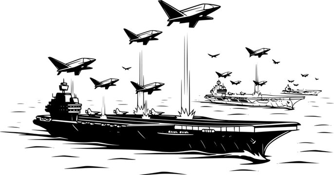 Military Aircraft Carrier Launching Autonomous Combat Drones, Future Naval Warfare Technology Concept
