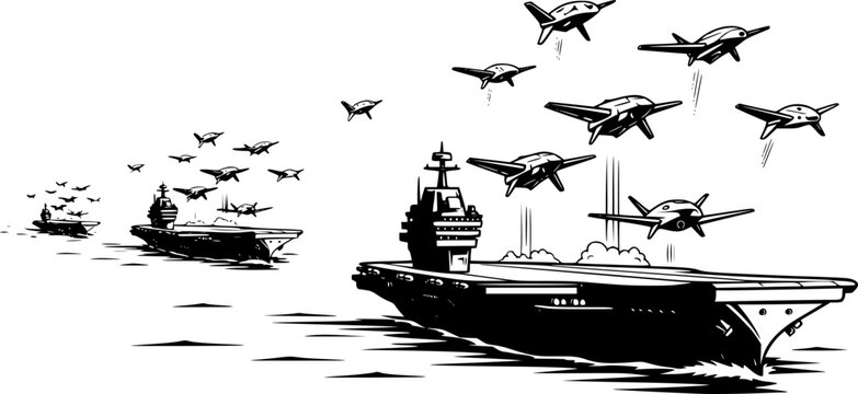 Military Aircraft Carrier Launching Autonomous Combat Drones, Future Naval Warfare Technology Concept