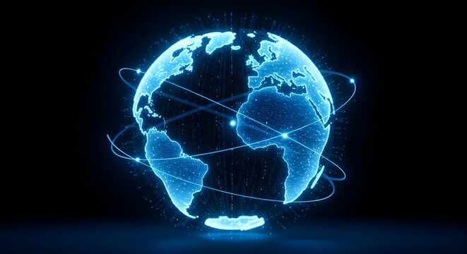A glowing blue digital globe with network connections on a dark background