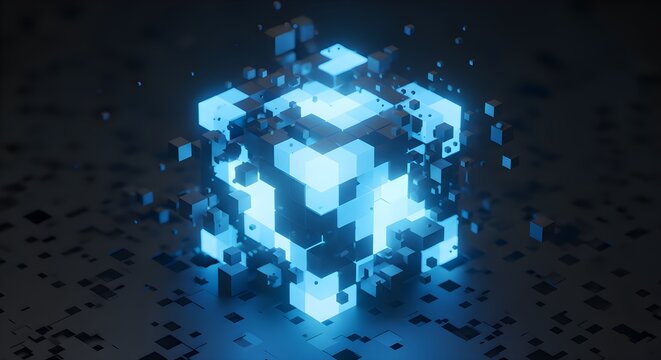 A glowing blue 3D pixelated cube floats in a dark space with scattered small cubes