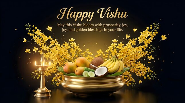 Happy vishu celebration with traditional fruits and flowers arrangement