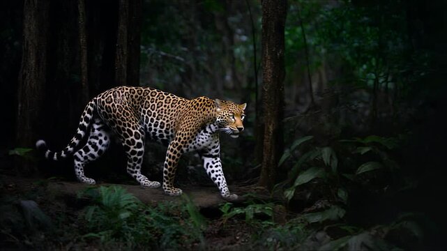 Powerful Leopard Walking Through Mysterious Forest Under Dimmed Lighting