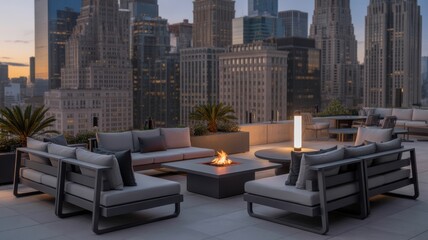 Fototapeta premium Rooftop Lounge with Fire Pit and Cityscape Views at Dusk