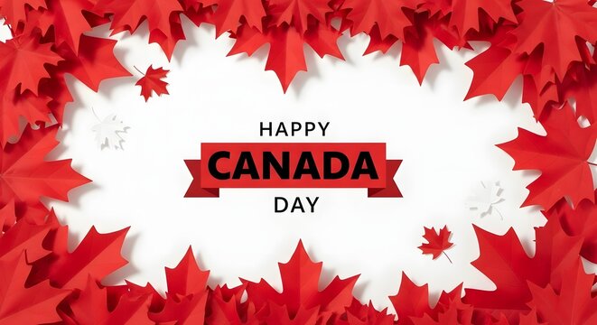 Happy canada day celebration with red maple leaves and canadian flag colors