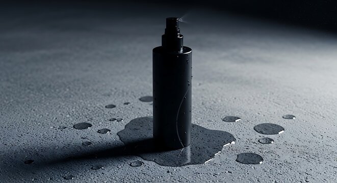 Matte black spray bottle mister, misting liquid onto textured concrete floor with dramatic studio lighting and water droplets, minimalist product photography