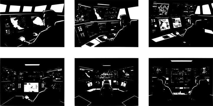Modern Navy Command Center with Tactical Digital Displays, High-Tech Ship Interior Combat Information