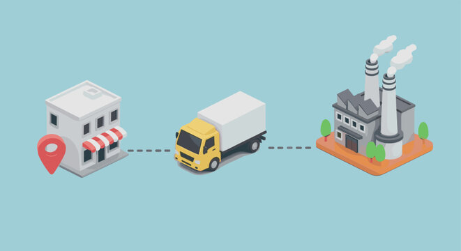 Isometric supply chain logistics concept with factory warehouse delivery truck and location pin vector illustration