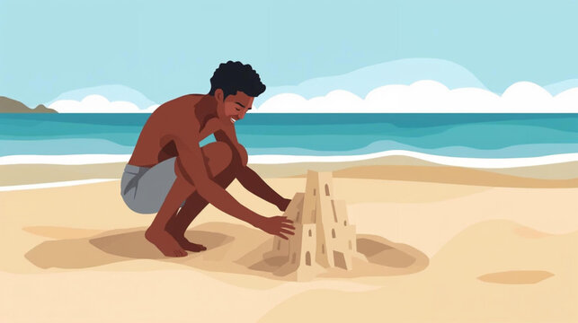 Man building sandcastle on beach with ocean waves and sunny sky