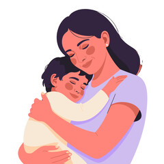 Obraz premium A mother tenderly embracing her sleeping child, symbolizing unconditional love and familial bond.