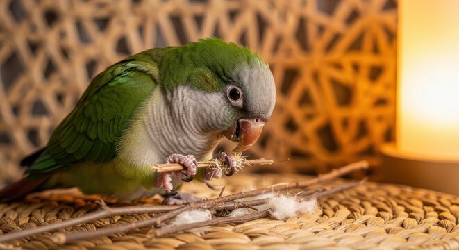 A captivating close-up of a Quaker parrot with vibrant green and white feathers, meticulously chewing on a small twig.