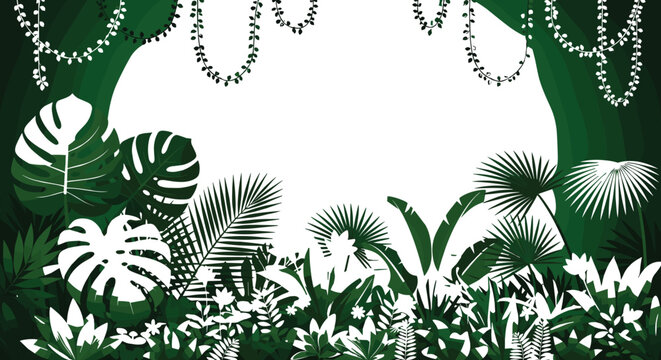 Tropical jungle forest background frame, monstera palm leaves and hanging vines landscape, exotic nature, cad drawing flat vector illustration, isolated.