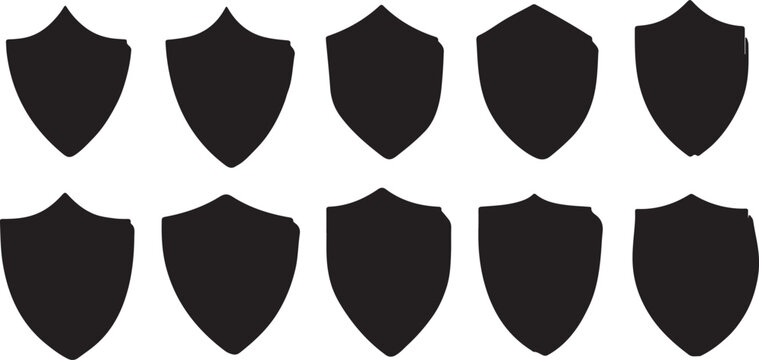 Set of 10 black vector shield icons with various shapes for security and protection concepts