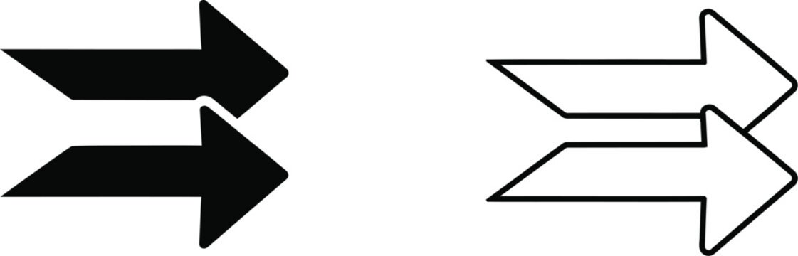 Black and white arrows pointing right double sided isolated on transparent background, Vector