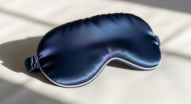 Luxurious navy blue satin silk sleep mask with delicate white trim, casting soft shadows on a textured surface, promoting restful slumber and relaxation.