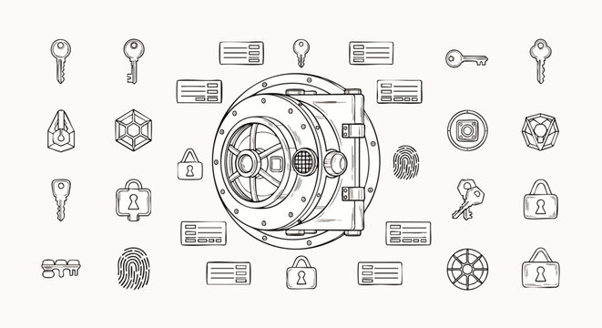 Cybersecurity and Data Protection: Central vault door with line art icons of keys, locks, fingerprints, passwords, and privacy elements.
