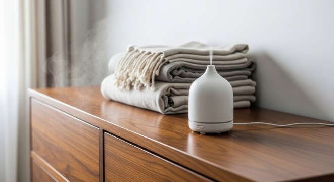 Modern white aroma diffuser releasing mist beside stacked neutral blankets on a polished wood surface, creating a serene atmosphere.