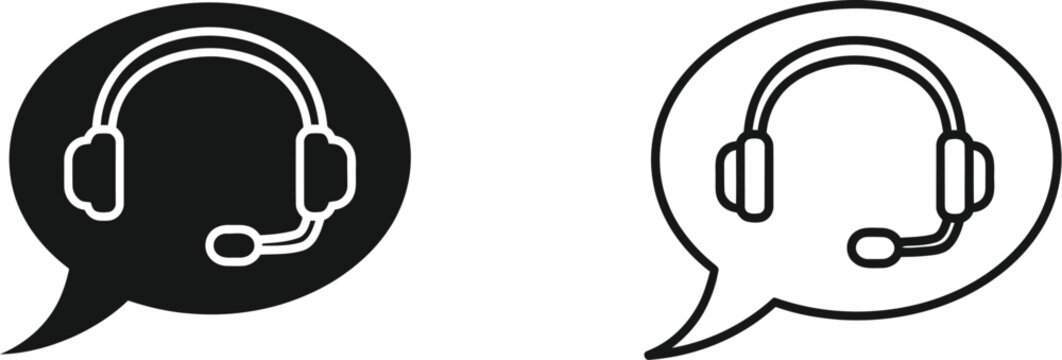 Customer Service Headset Icon Set Vector with Speech Bubble in Solid Black and Outline Styles for Support and Communication