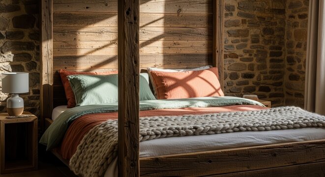 Rustic reclaimed barn wood canopy bed with stone wall backdrop and cozy textiles bathed in sunlight