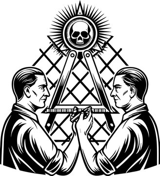 SVG skull with ancient codex and engineers tattoo design vector. Symbolic Representation of Masonic Ideals with Two Men and Skull