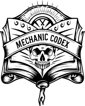SVG skull with ancient codex and engineers tattoo design vector. Vintage Mechanical Codex Design with Skull and Open Book Illustration