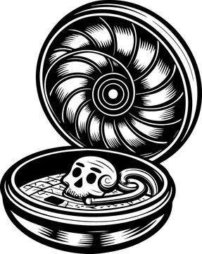 SVG skull with ancient codex and engineers tattoo design vector. Vintage Skull in Ornate Open Casket Illustrating Dark Mysteries