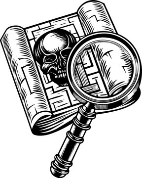 SVG skull with ancient codex and engineers tattoo design vector. Vintage Illustration of a Magnifying Glass and Skull on a Book
