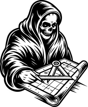 SVG skull with ancient codex and engineers tattoo design vector. Grim Reaper with Drawing Compass and Scroll in Dark Artistic Style