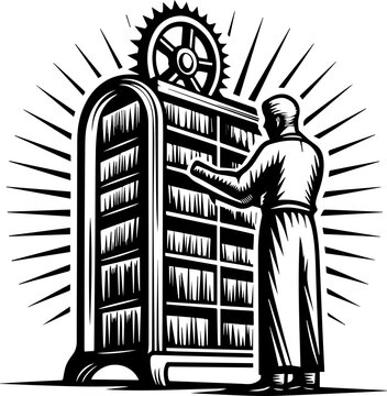 SVG skull with ancient codex and engineers tattoo design vector. Vintage Illustration of a Librarian Organizing Books in a Library