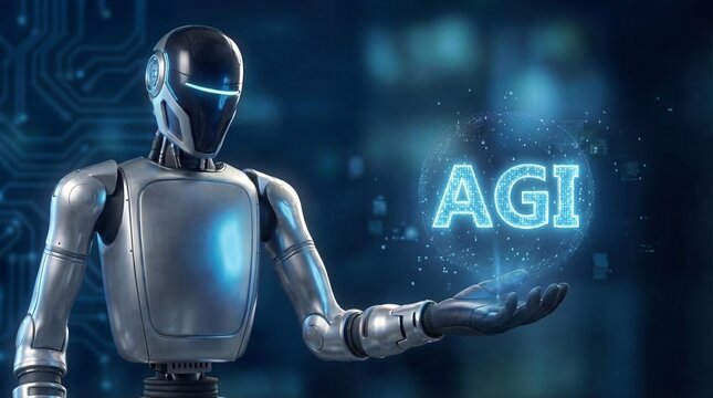 Futuristic robot holding glowing AGI text, representing artificial general intelligence.