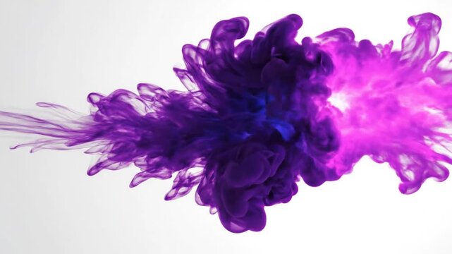 Abstract purple ink explosion with bright light and cloud-like shapes in slow motion on white background