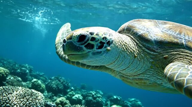 Graceful sea turtle gliding through the turquoise ocean waters with colorful coral reef in the background