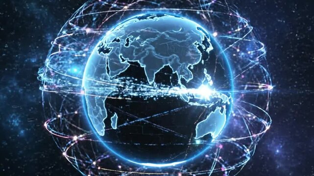Global network of interconnected digital technology with glowing lines orbiting planet earth in space.