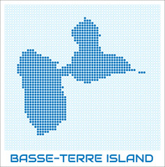 Obraz premium Basse-Terre Island digital style map with blue rounded rectangle dots. Guadeloupe. Dotted boundary shape. Basse-Terre Island blue colored map and title on white background.