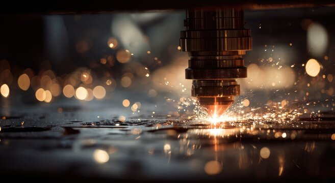 Laser cutting machine in operation with sparks flying around.