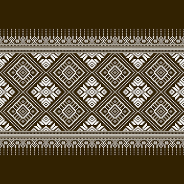 Brown and white ethnic pixel pattern with geometric motifs in knitted style. Seamless tribal design inspired by traditional textiles, perfect for fabric, fashion prints, and decorative backgrounds.