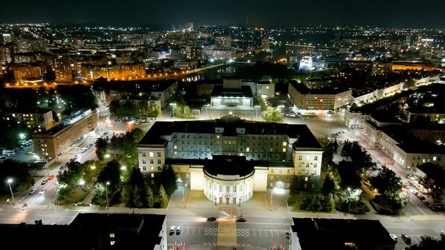 Oryol, Russia. Government of the Oryol region. Lenin Square. History Center. View of the city from the air. Night flight. Drone footage, Point of interest