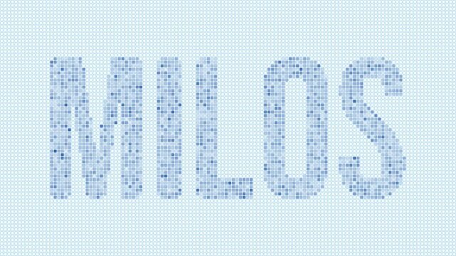 Milos dotted map animation. Digital style shape of the island. Milos shape and title blue dots appear with flickering effect. Greece. Modern Intro, outro, title, logo video.