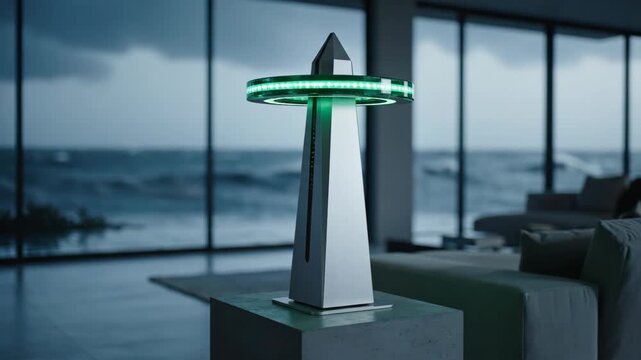 Interior Living Room Surrounded by Ocean View Windows with Stormy Sea