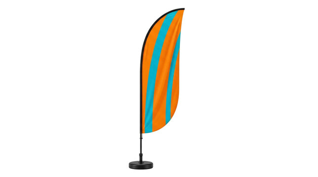 Orange and teal feather flag with stripes on white background - advertising and outdoor display with beach flag
