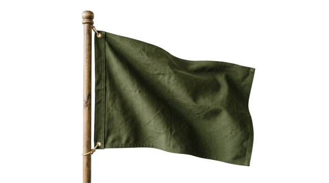 Green flag waving on wooden pole - surrender or protest symbolism with white background