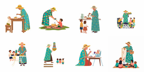 Fototapeta premium Flat illustration set featuring a grandmother caring for her grandchildren, preparing healthy food, and enjoying outdoor summer activities together in a nurturing environment.