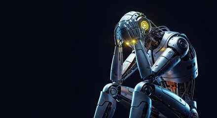 A metallic mechanical robot sits alone in a dark void, clutching its head while its glowing optic sensors flicker with dim yellow light, silver, industry, machine