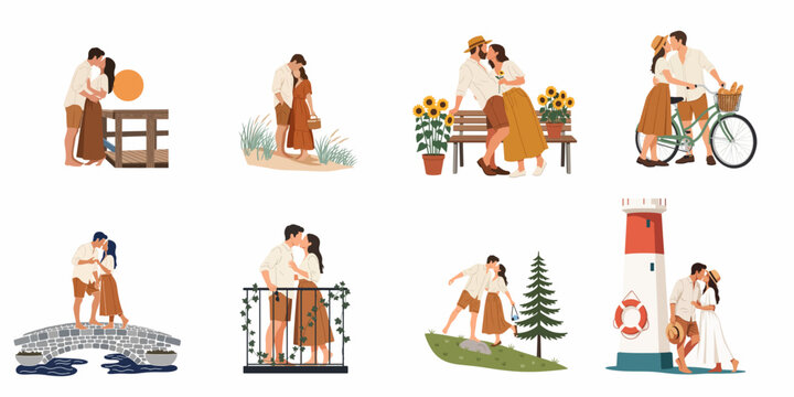 Set of romantic flat vector illustrations featuring a young couple kissing in various scenic outdoor locations like beaches, bridges, and gardens.
