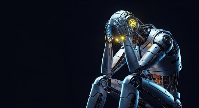 A metallic mechanical robot sits alone in a dark void, clutching its head while its glowing optic sensors flicker with dim yellow light, silver, industry, machine
