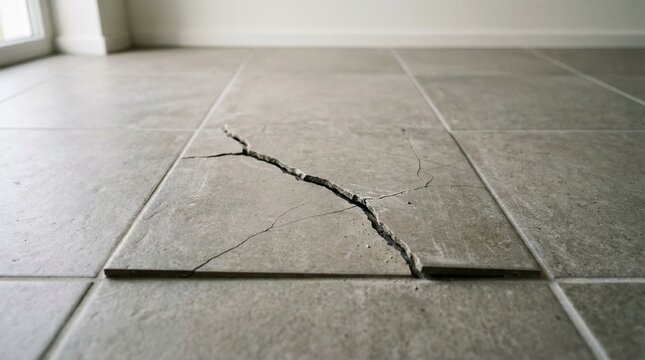Cracked floor tile in a modern home interior. Broken grey ceramic tile with visible damage and fracture lines. Professional close-up photography for home repair.