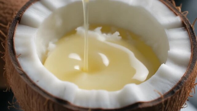 Pure Organic Coconut Oil Pouring into Fresh Nut