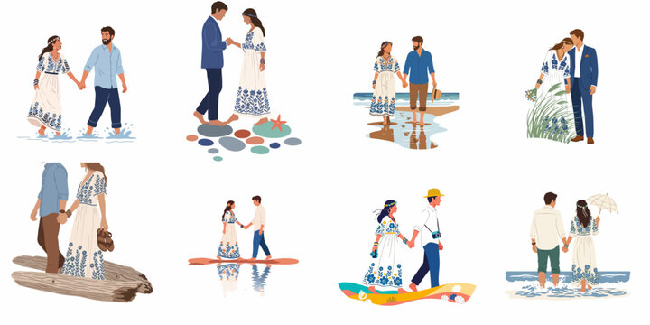 Set of flat vector illustrations featuring a romantic couple in bohemian summer outfits walking along the beach, through waves, and in nature.