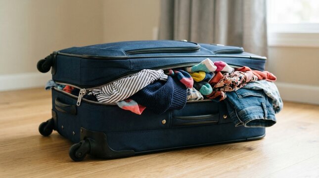 Blue fabric suitcase overstuffed with colorful clothes on a wooden floor. Messy luggage with socks and shirts sticking out. Concept of travel preparation overpacking and relocation.